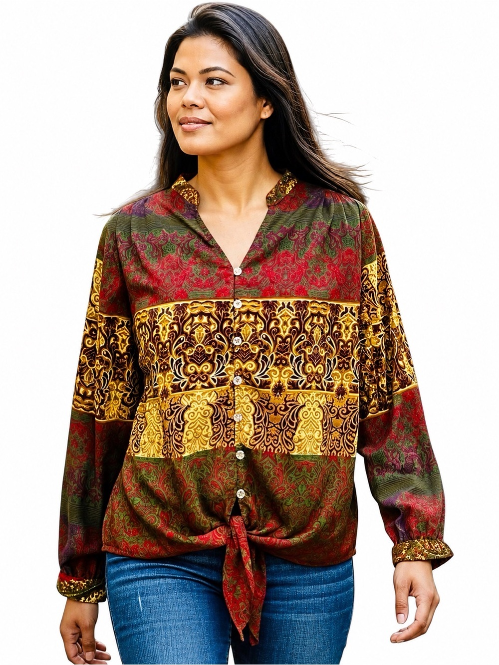 Figueroa & Flower Boho Blouse Top Red Gold Green Womens Size L